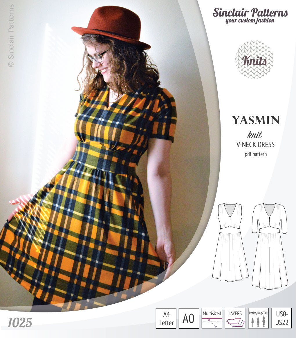 Pdf sewing patterns - S1025 Yasmin knit V neck dress with gathered or flared skirt by Sinclair Patterns 