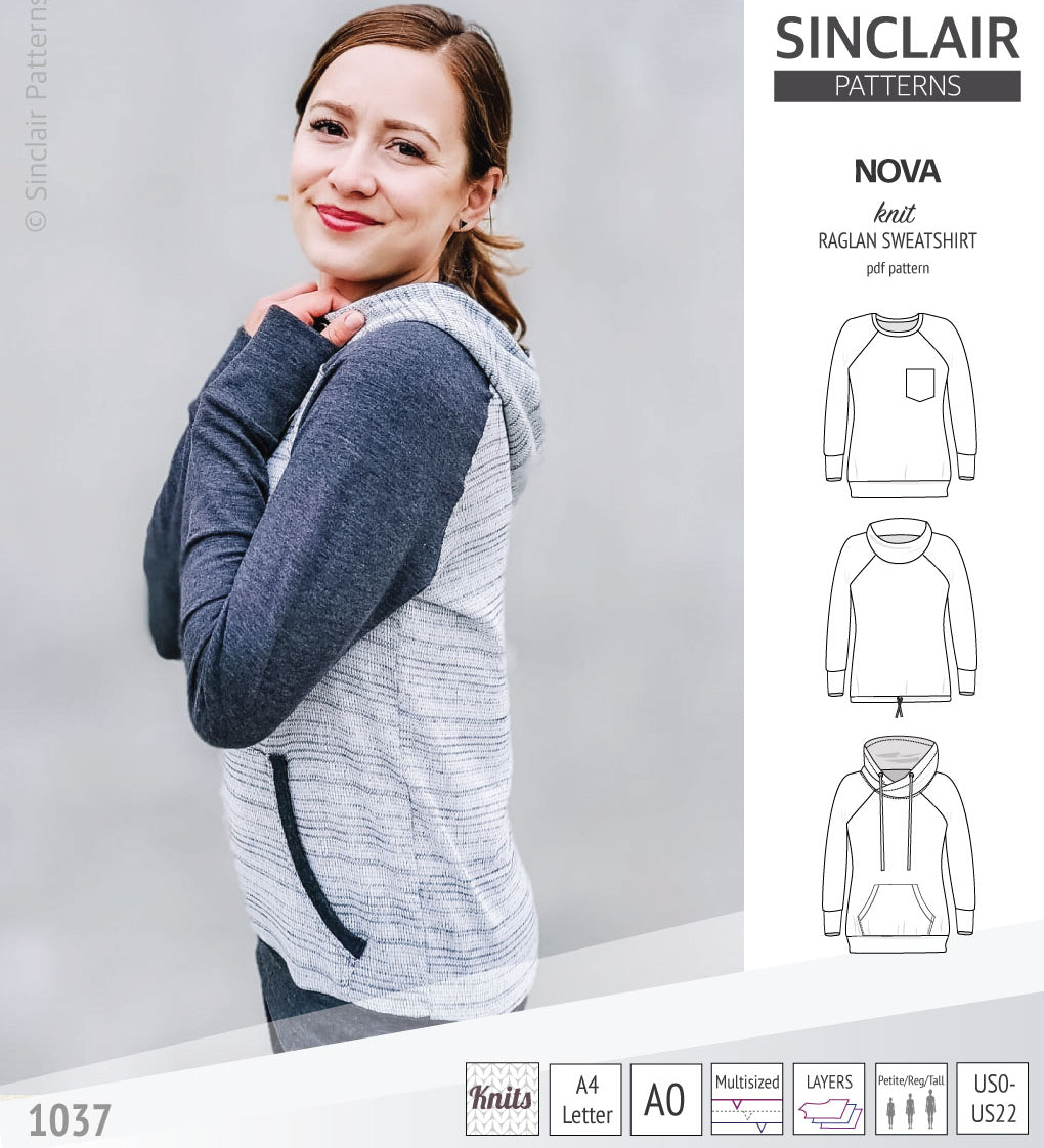 PDF sewing pattern Raglan sweatshirt sweater hoodie for women with kangaroo pocket, hood, cowl and drawstrings