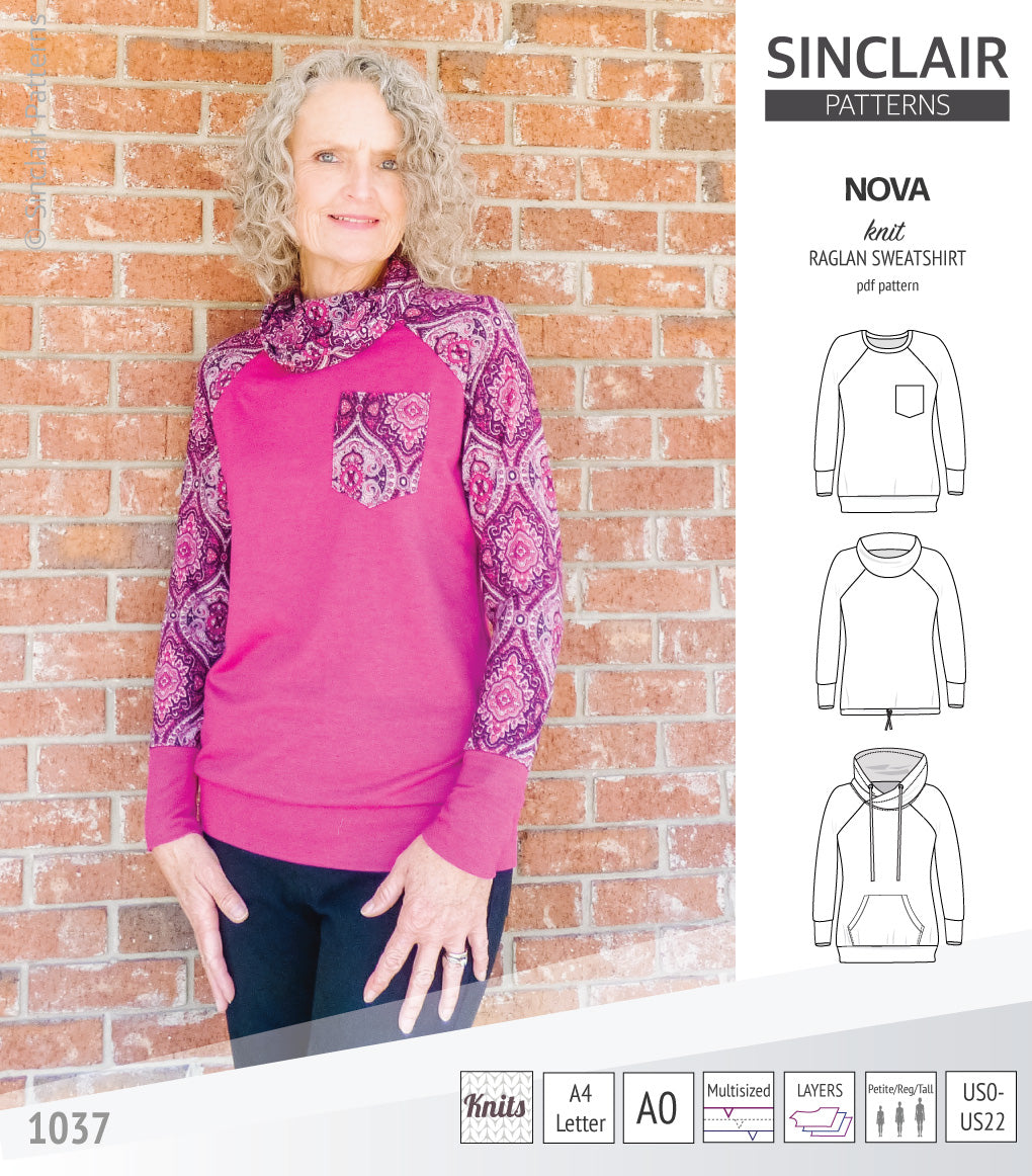 PDF sewing pattern Raglan sweatshirt sweater hoodie for women with kangaroo pocket, hood, cowl and drawstrings