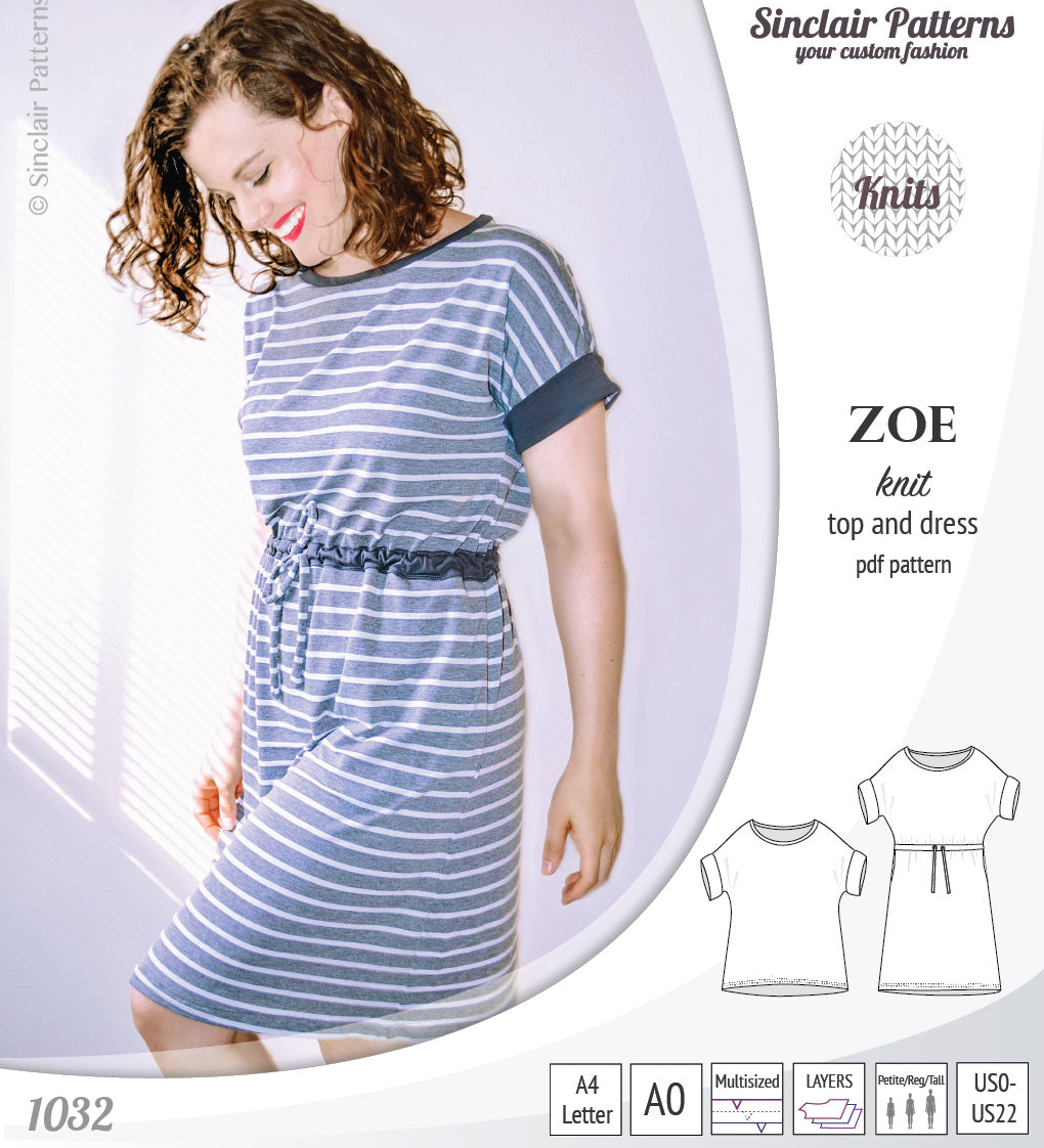 Sinclair Patterns S1032 Zoe relaxed fit dolman top and drawstring knit dress or top for women pdf sewing pattern