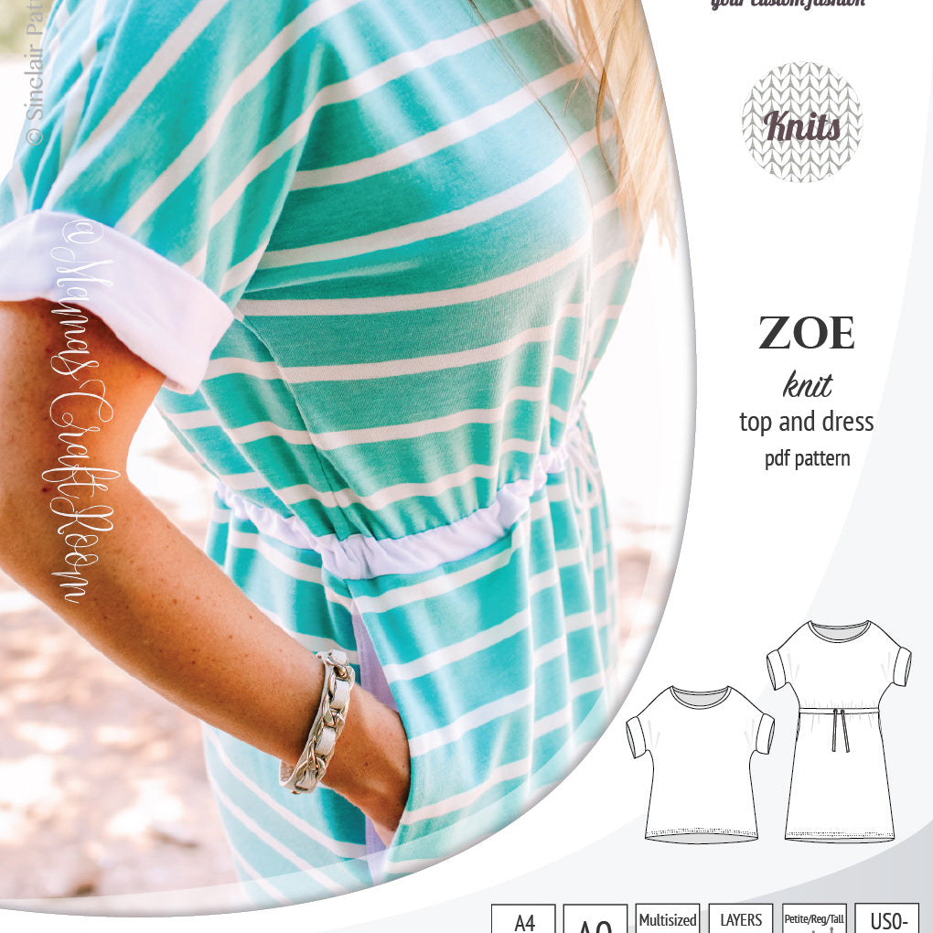 Sinclair Patterns S1032 Zoe relaxed fit dolman top and drawstring knit dress or top for women pdf sewing pattern