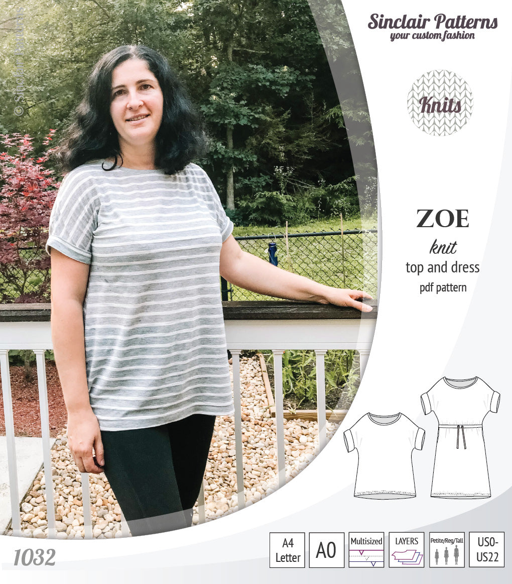 Sinclair Patterns S1032 Zoe relaxed fit dolman top and drawstring knit dress or top for women pdf sewing pattern