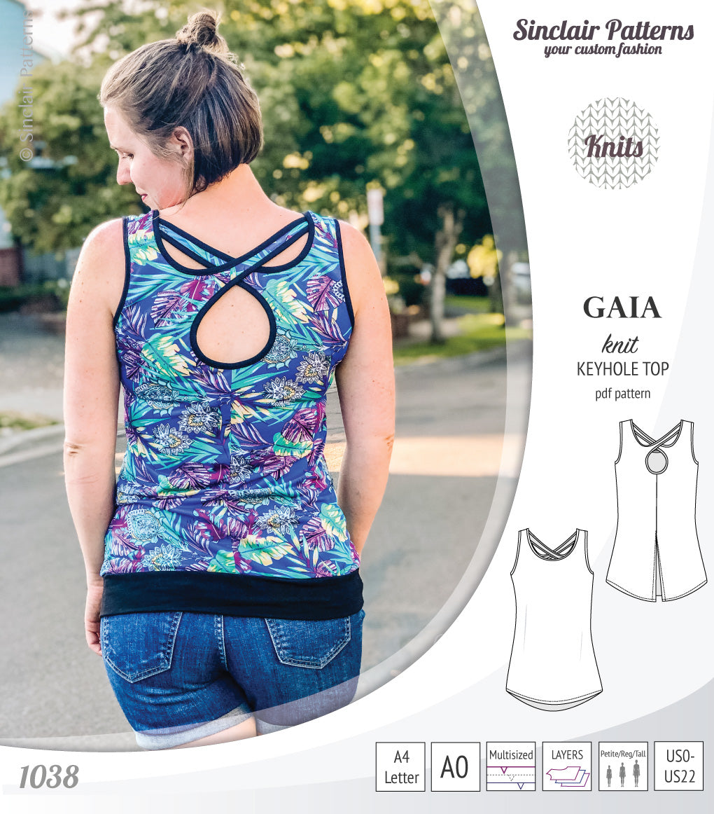 Pdf sewing pattern Gaia knit racerback keyhole tank top by Sinclair Patterns