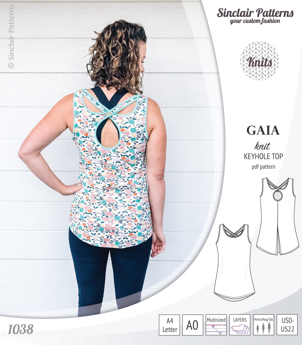 Pdf sewing pattern Gaia knit racerback keyhole tank top by Sinclair Patterns