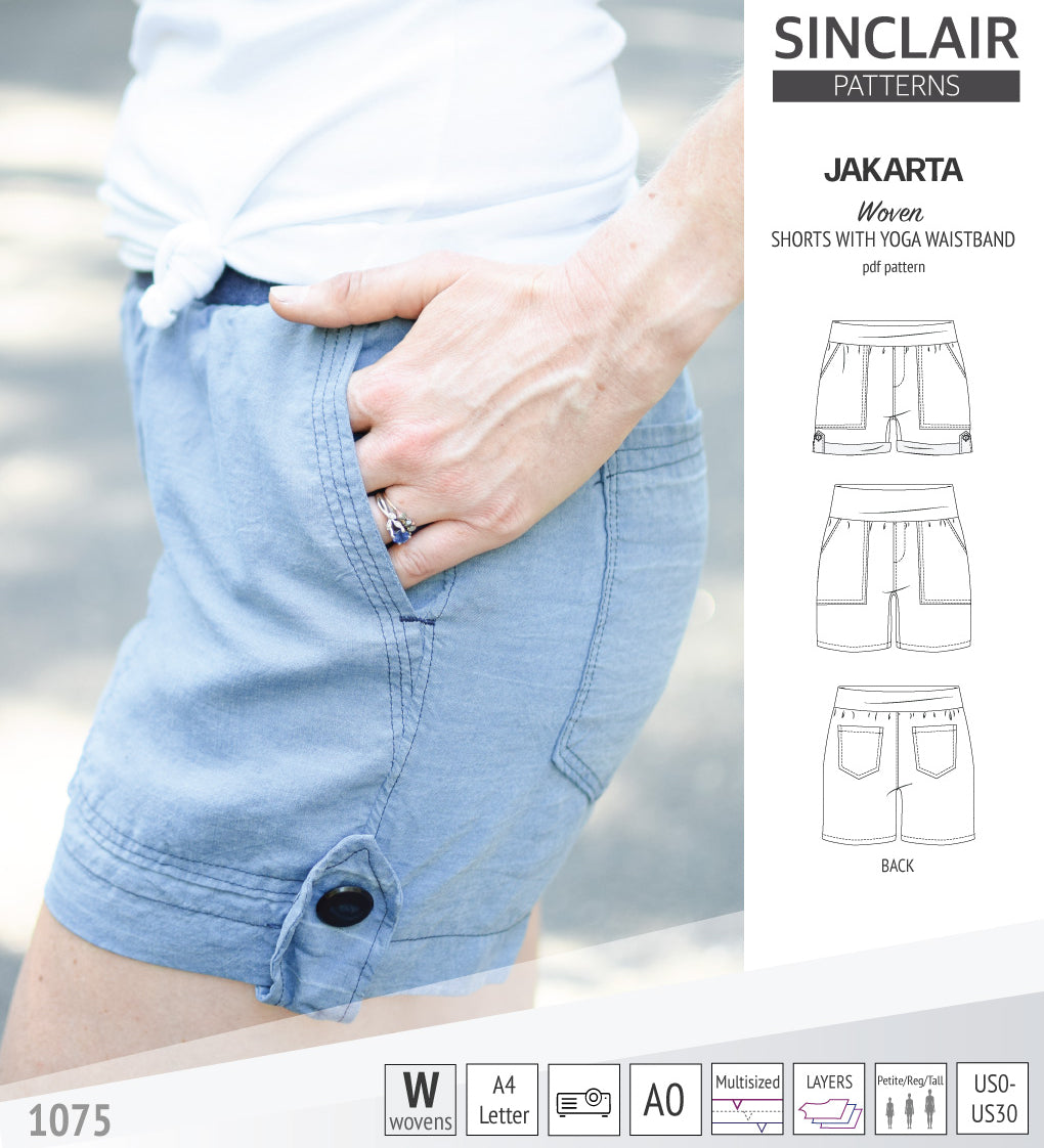 Pdf sewing pattern S1075 Jakarta woven shorts with pockets and yoga waistband by Sinclair Patterns