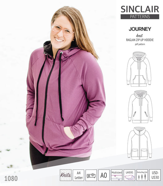 Journey zip up knit raglan hoodie with different pocket styles (PDF 