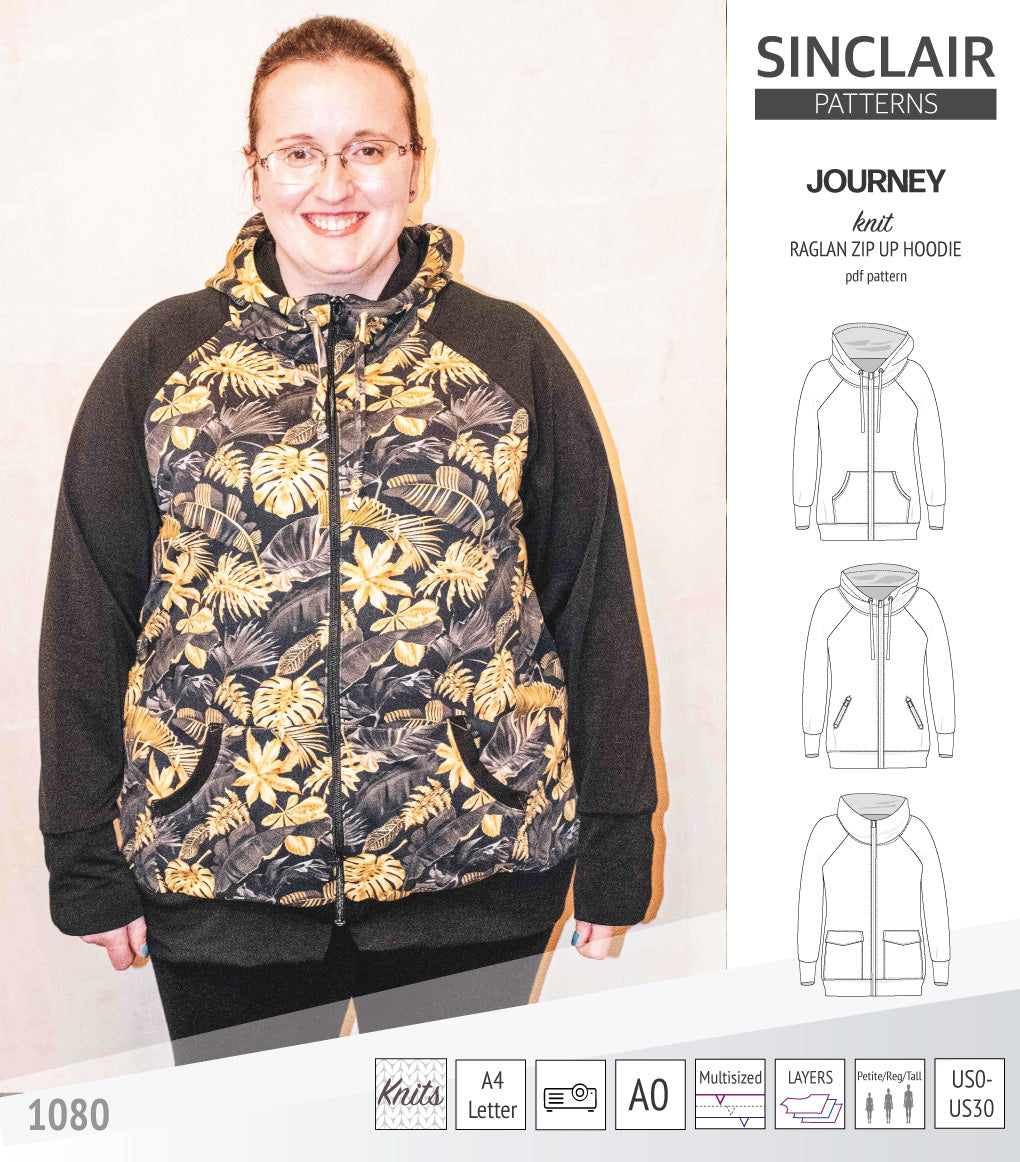 Sinclair Patterns S1080 Journey zip up zippered knit raglan hoodie for women with kangaroo, zippered or cargo pockets pdf sewing pattern