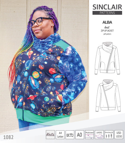Alba zip up knit asymmetrical jacket with a cowl and side pockets (PDF - Sinclair  Patterns