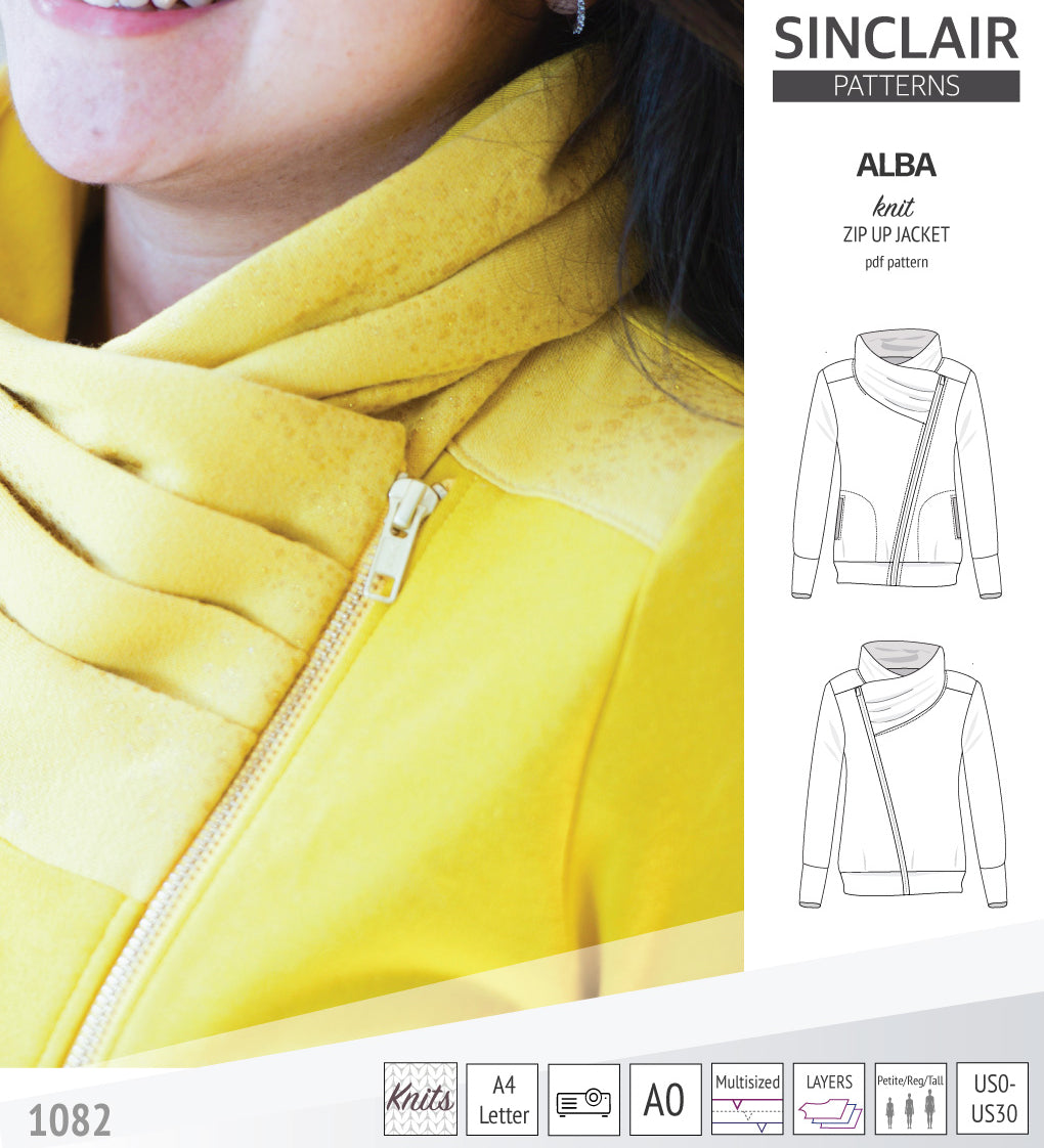 Sinclair Patterns S1082 Alba asymmetrical zip up zipper hoodie jacket for women with pockets pdf sewing pattern