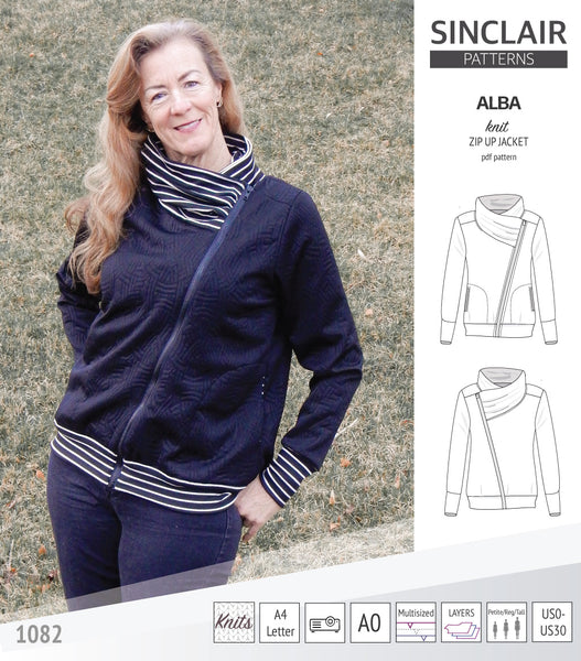 Alba zip up knit asymmetrical jacket with a cowl and side pockets (PDF -  Sinclair Patterns