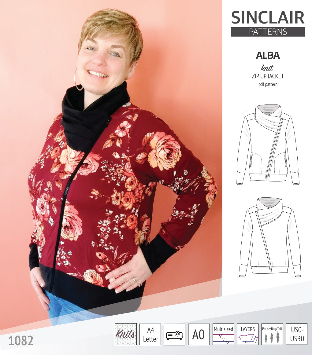 Sinclair Patterns S1082 Alba asymmetrical zip up zipper hoodie jacket for women with pockets pdf sewing pattern