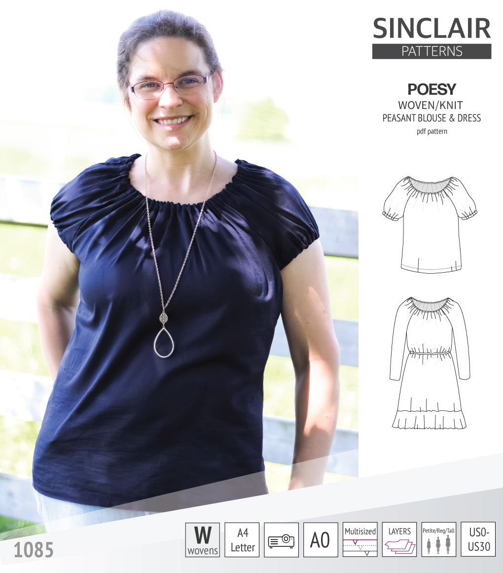 Sinclair Patterns S1085 Poesy peasant style blouse tunic and dress for woven and knit fabrics