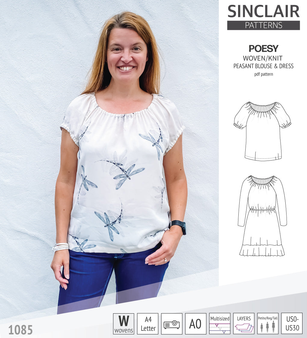 Sinclair Patterns S1085 Poesy peasant style blouse tunic and dress for woven and knit fabrics