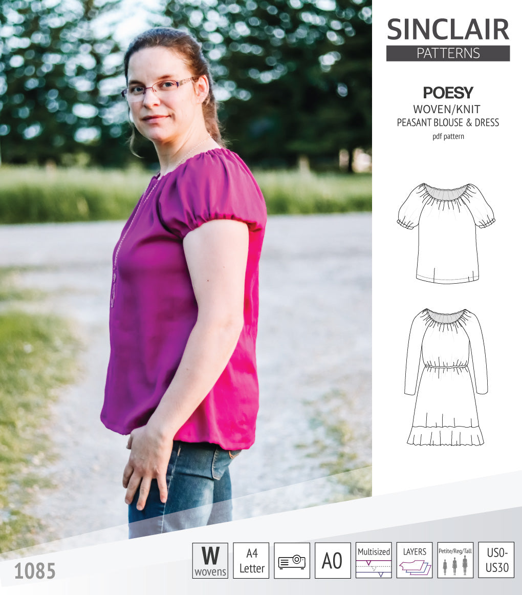 Sinclair Patterns S1085 Poesy peasant style blouse tunic and dress for woven and knit fabrics