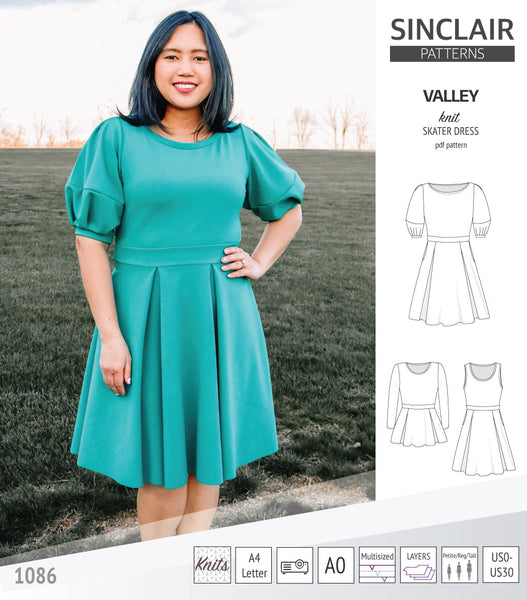 Valley Knit Skater Dress with Lantern Sleeves and Other options (PDF)