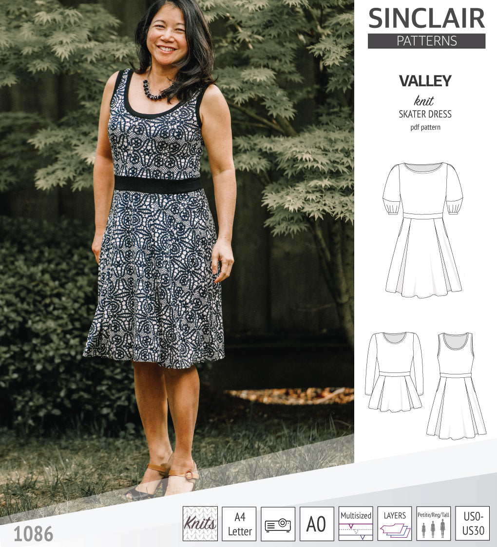 Sinclair Patterns S1086 Valley fit and flare skater dress for knit fabrics pdf sewing pattern