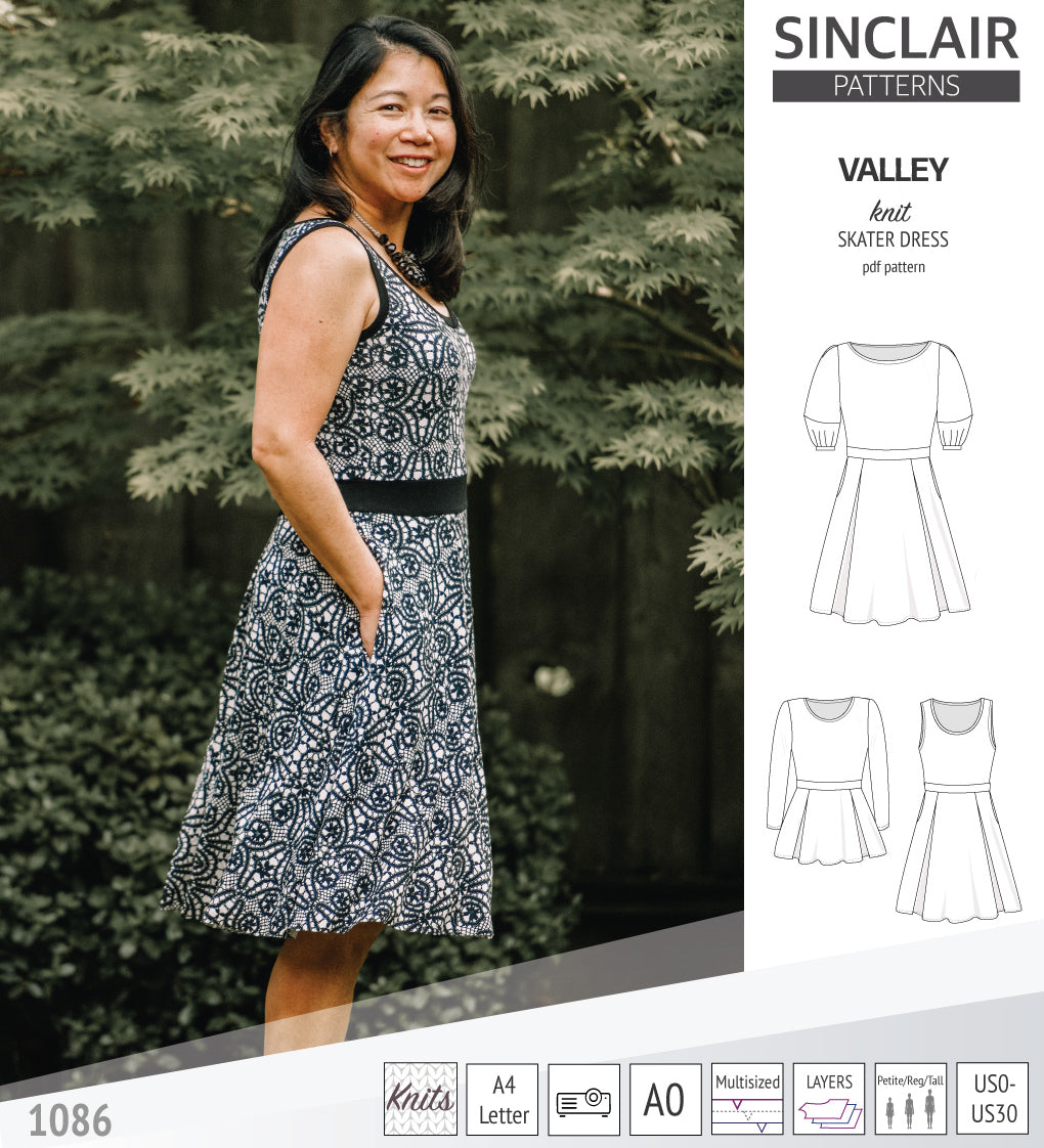 Sinclair Patterns S1086 Valley fit and flare skater dress for knit fabrics pdf sewing pattern