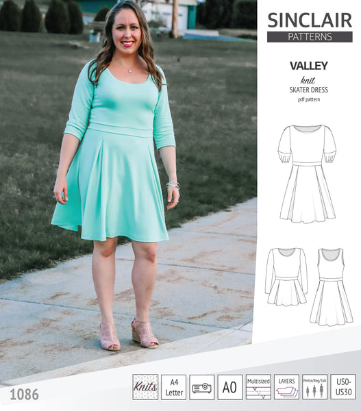 Sinclair Patterns - Valley knit skater dress with lantern sleeves and other  options (size US 0-30 incl petite and tall) : r/freepatterns