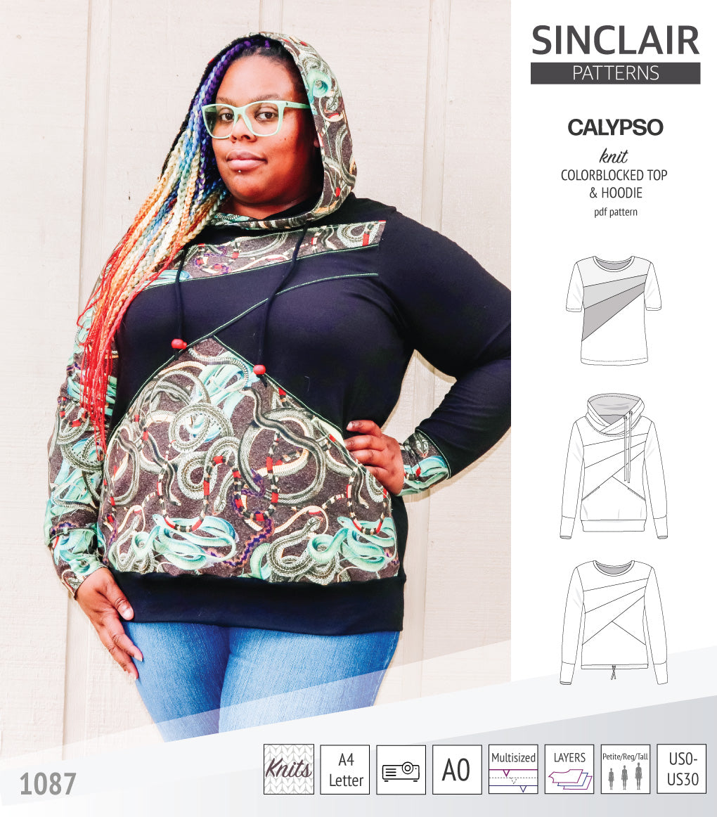 Pdf sewing pattern Hoodie top and t-shirt colorblocked and cowl for women