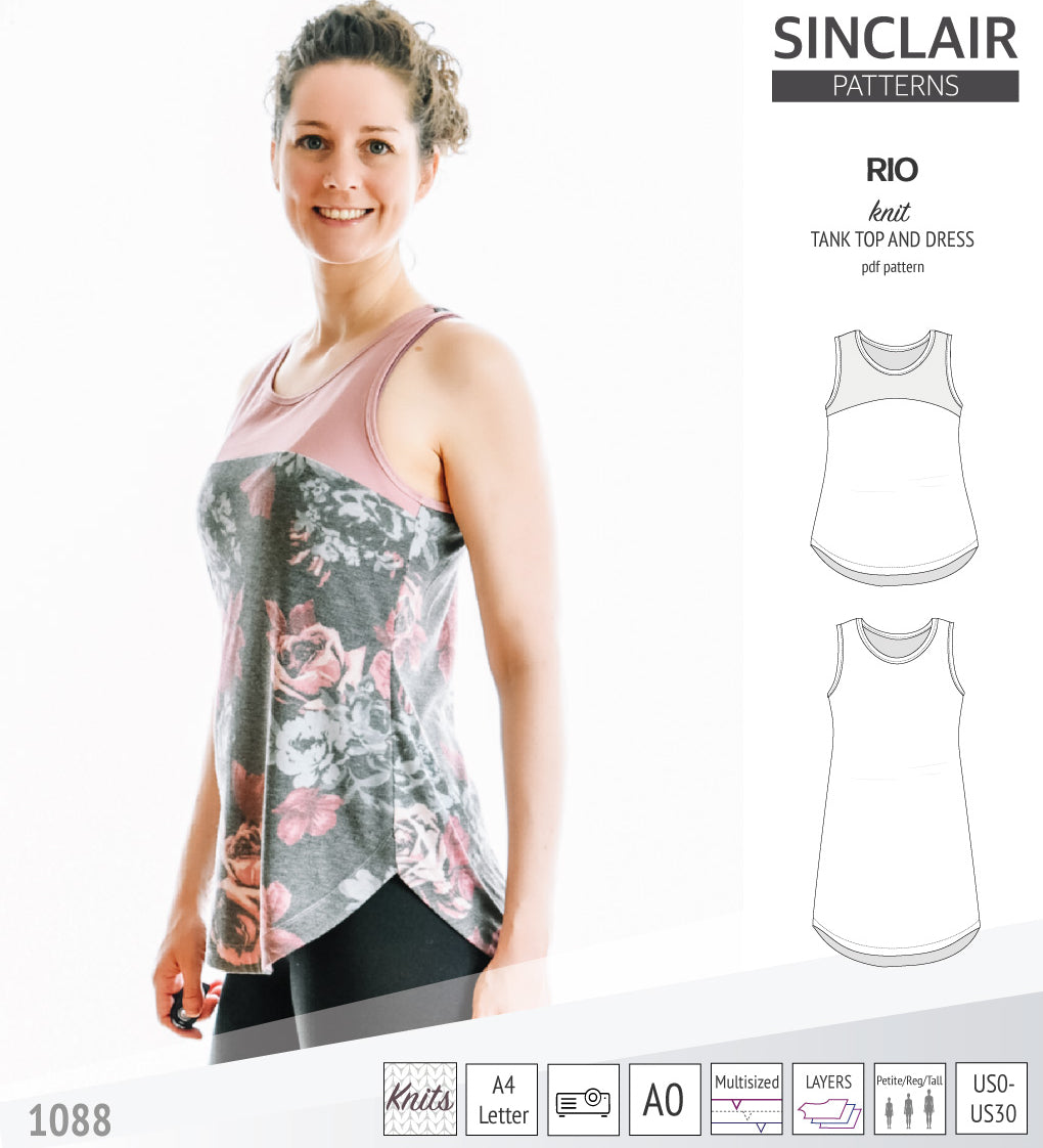 Sinclair Patterns Rio racerback tank top and jersey dress pdf sewing patterns for women