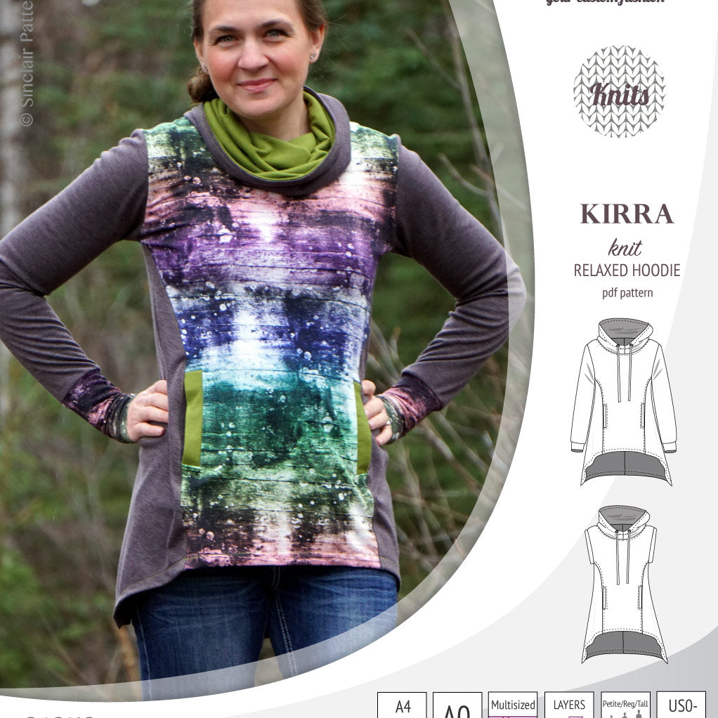 Pdf sewing pattern Kirra knit hoodie with welt pockets and panels by Sinclair Patterns