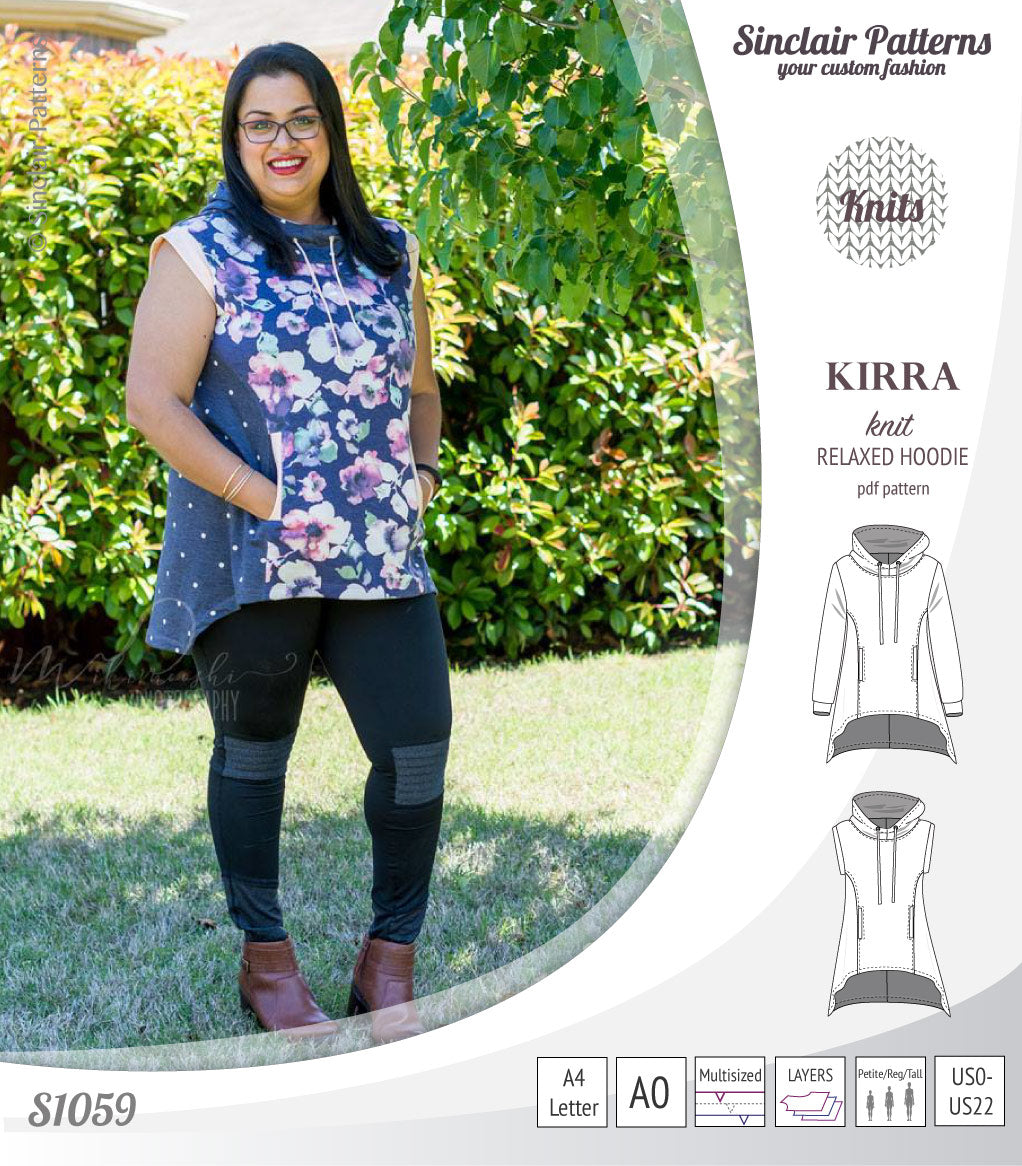 Pdf sewing pattern Kirra knit hoodie with welt pockets and panels by Sinclair Patterns