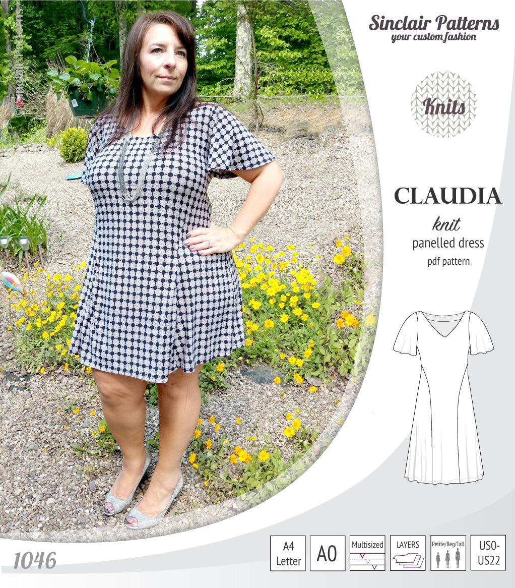 PDF Sewing pattern Sinclair Patterns S1046 Claudia godet style knit dress or tunic with flutter sleeves