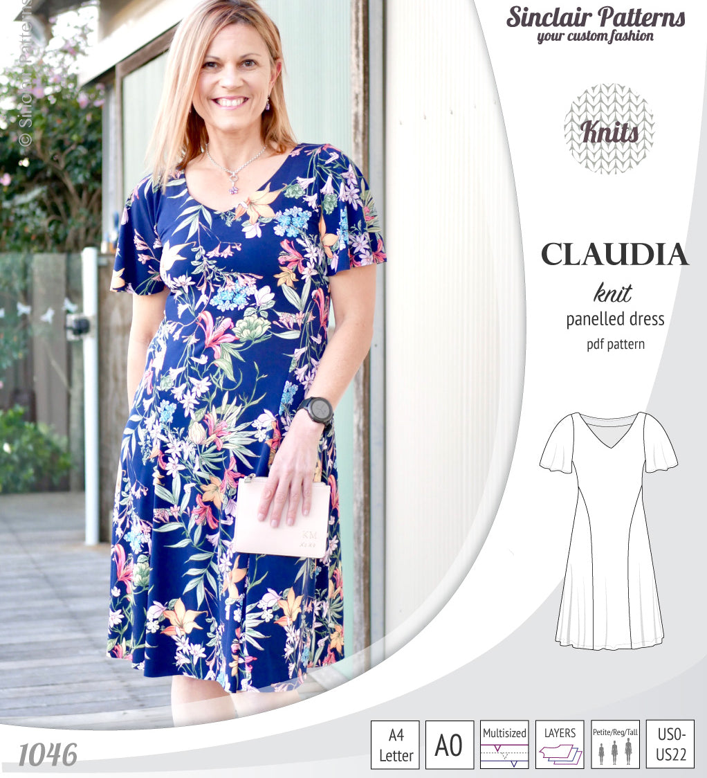 PDF Sewing pattern Sinclair Patterns S1046 Claudia godet style knit dress or tunic with flutter sleeves