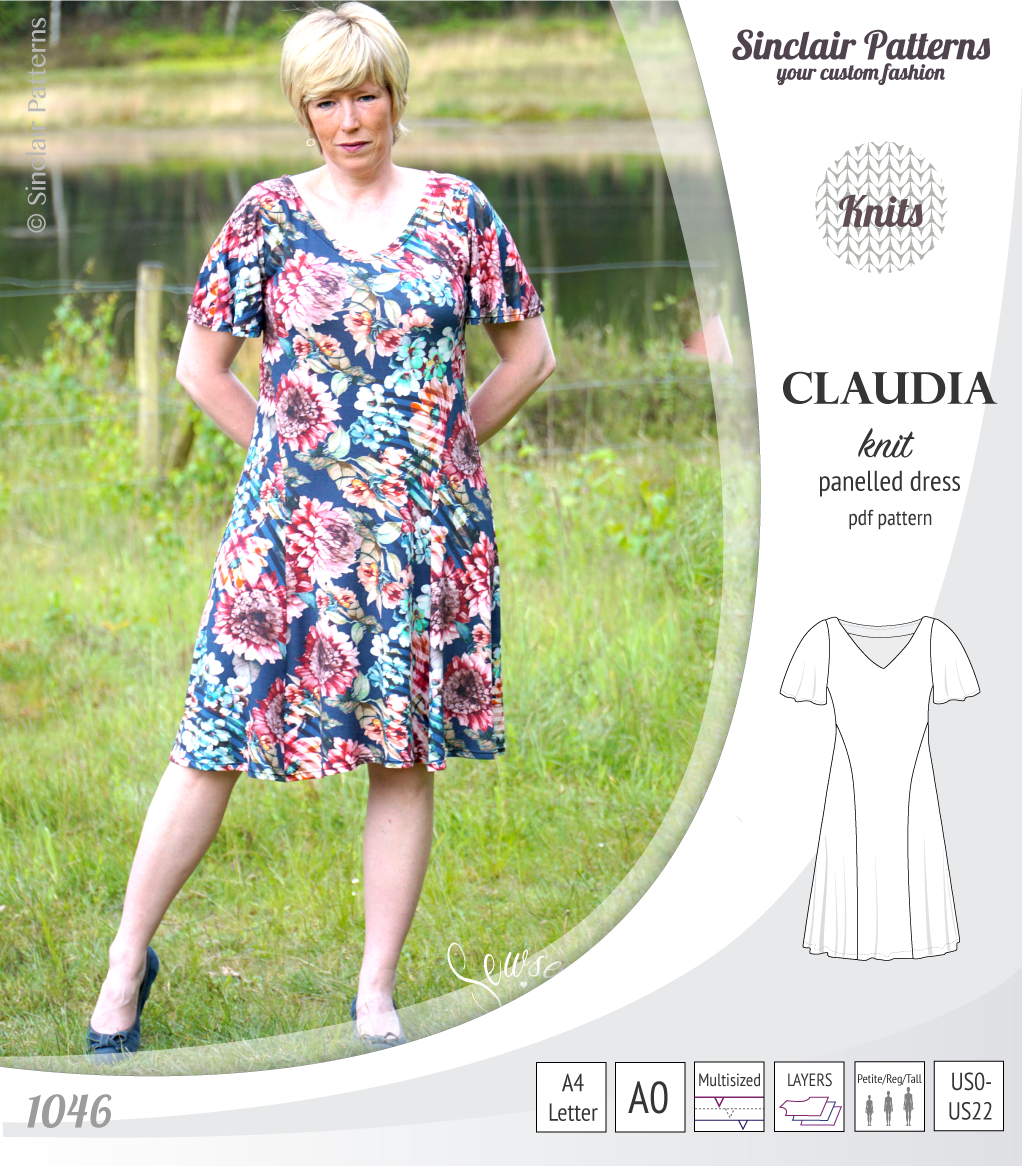 PDF Sewing pattern Sinclair Patterns S1046 Claudia godet style knit dress or tunic with flutter sleeves