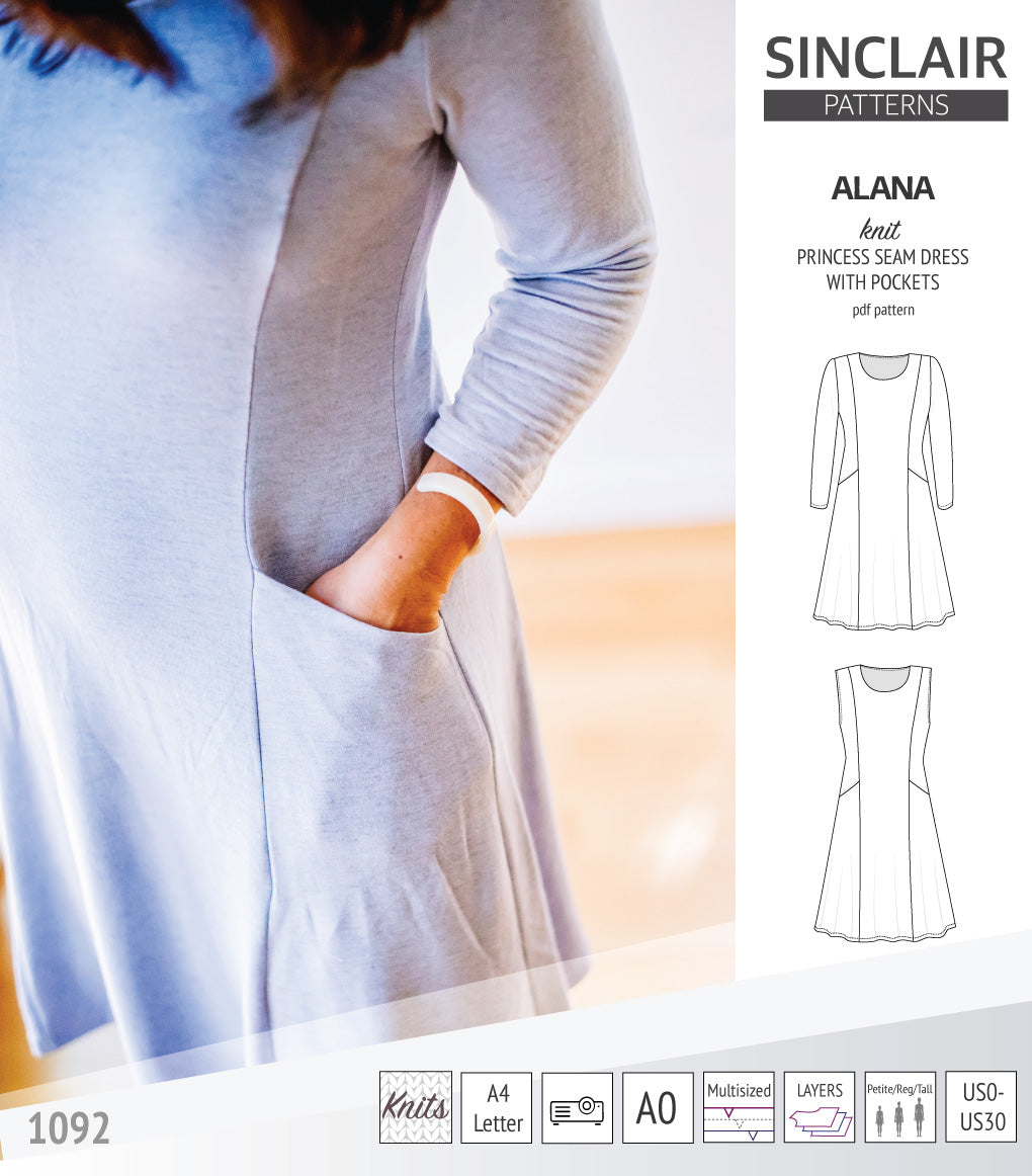 Alana princess seam knit dress with pockets pdf sewing pattern (PDF) Sinclair Patterns Alana princess seam knit dress with pockets pdf sewing pattern (PDF) Sinclair Patterns