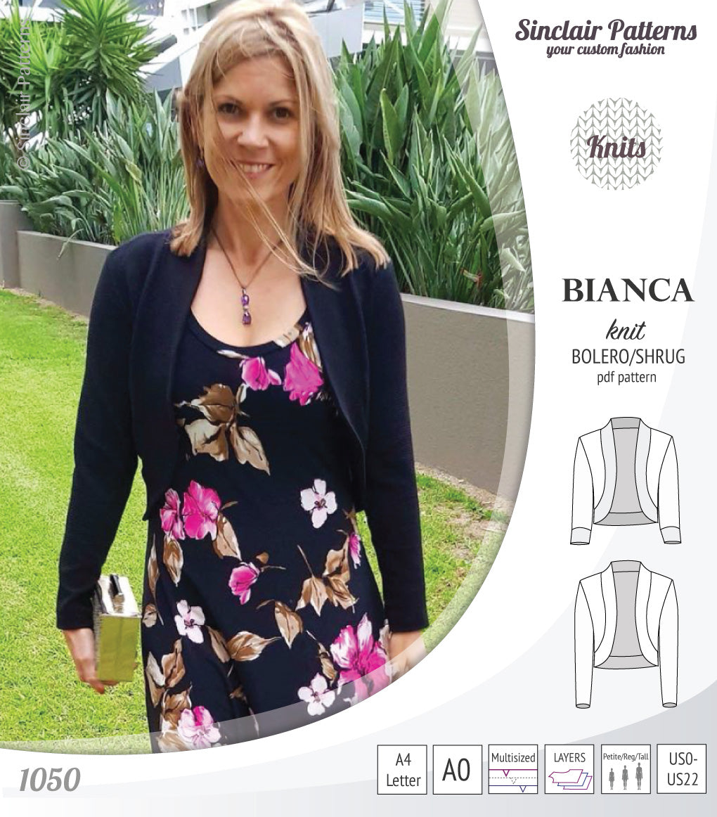 Pdf sewing pattern Bianca knit bolero, shrug, cropped cardigan by Sinclair Patterns