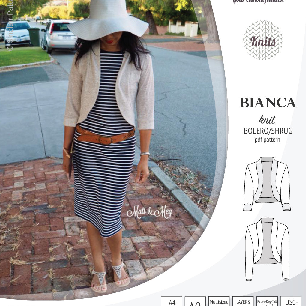 Pdf sewing pattern Bianca knit bolero, shrug, cropped cardigan by Sinclair Patterns