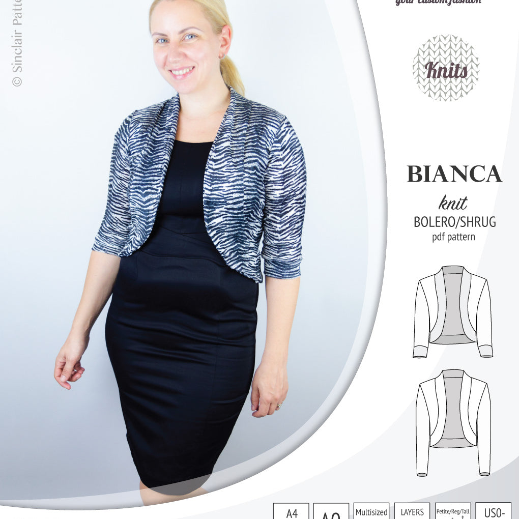 Pdf sewing pattern Bianca knit bolero, shrug, cropped cardigan by Sinclair Patterns