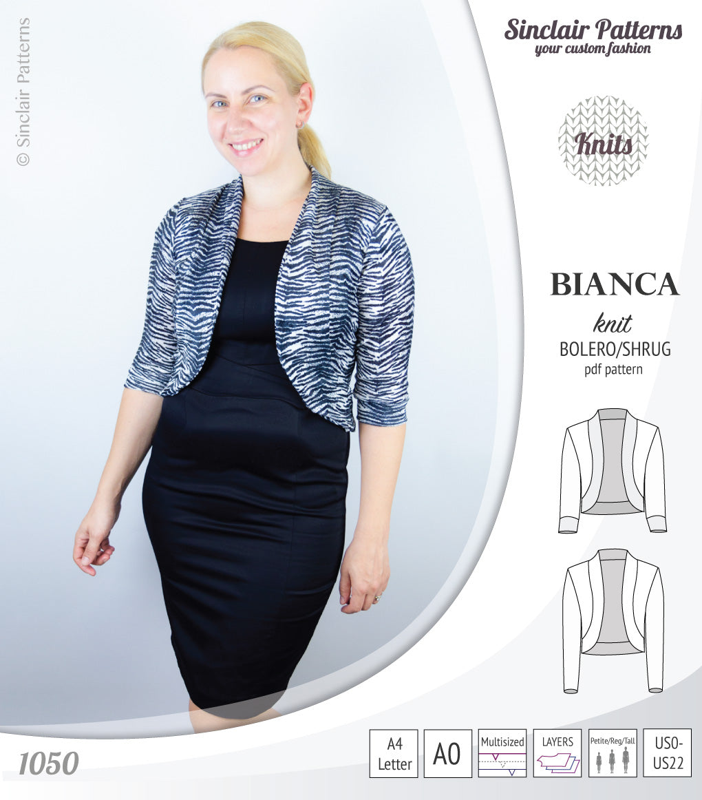 Pdf sewing pattern Bianca knit bolero, shrug, cropped cardigan by Sinclair Patterns