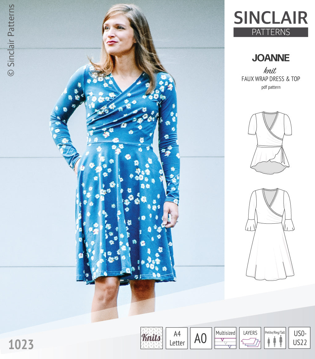 Joanne faux wrap knit dress with flared skirt (PDF) Sinclair Patterns Joanne faux wrap knit dress with flared skirt (PDF) Sinclair Patterns