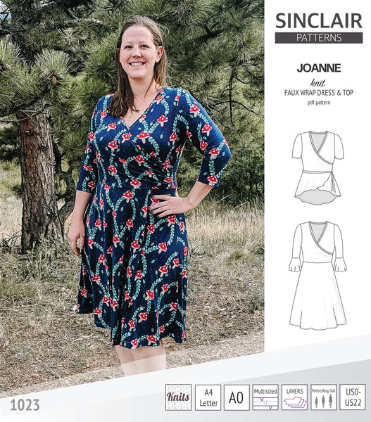 Joanne faux wrap knit dress with flared skirt (PDF) - Sinclair Patterns