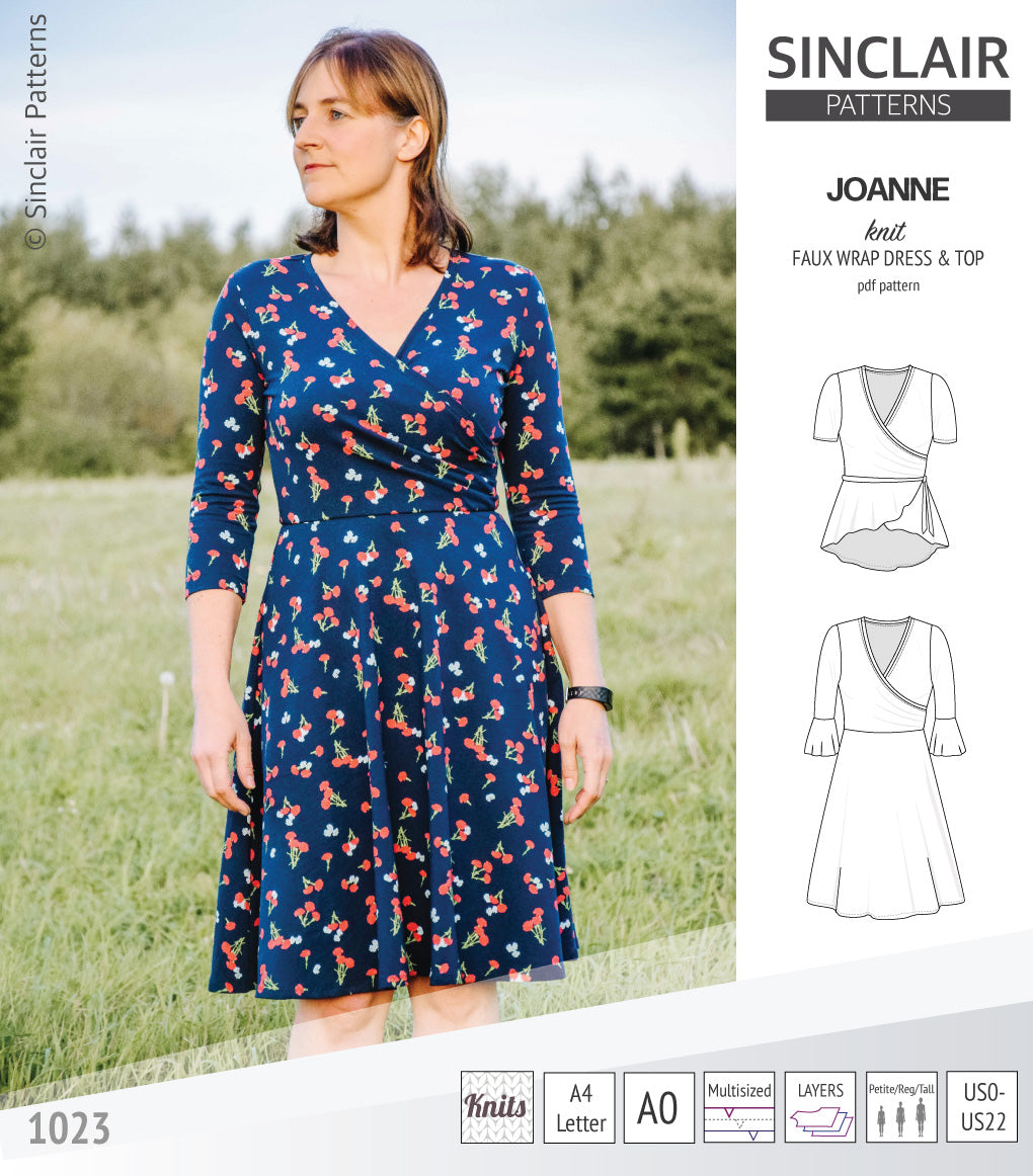 Joanne faux wrap knit dress with flared skirt (PDF) Sinclair Patterns Joanne faux wrap knit dress with flared skirt (PDF) Sinclair Patterns