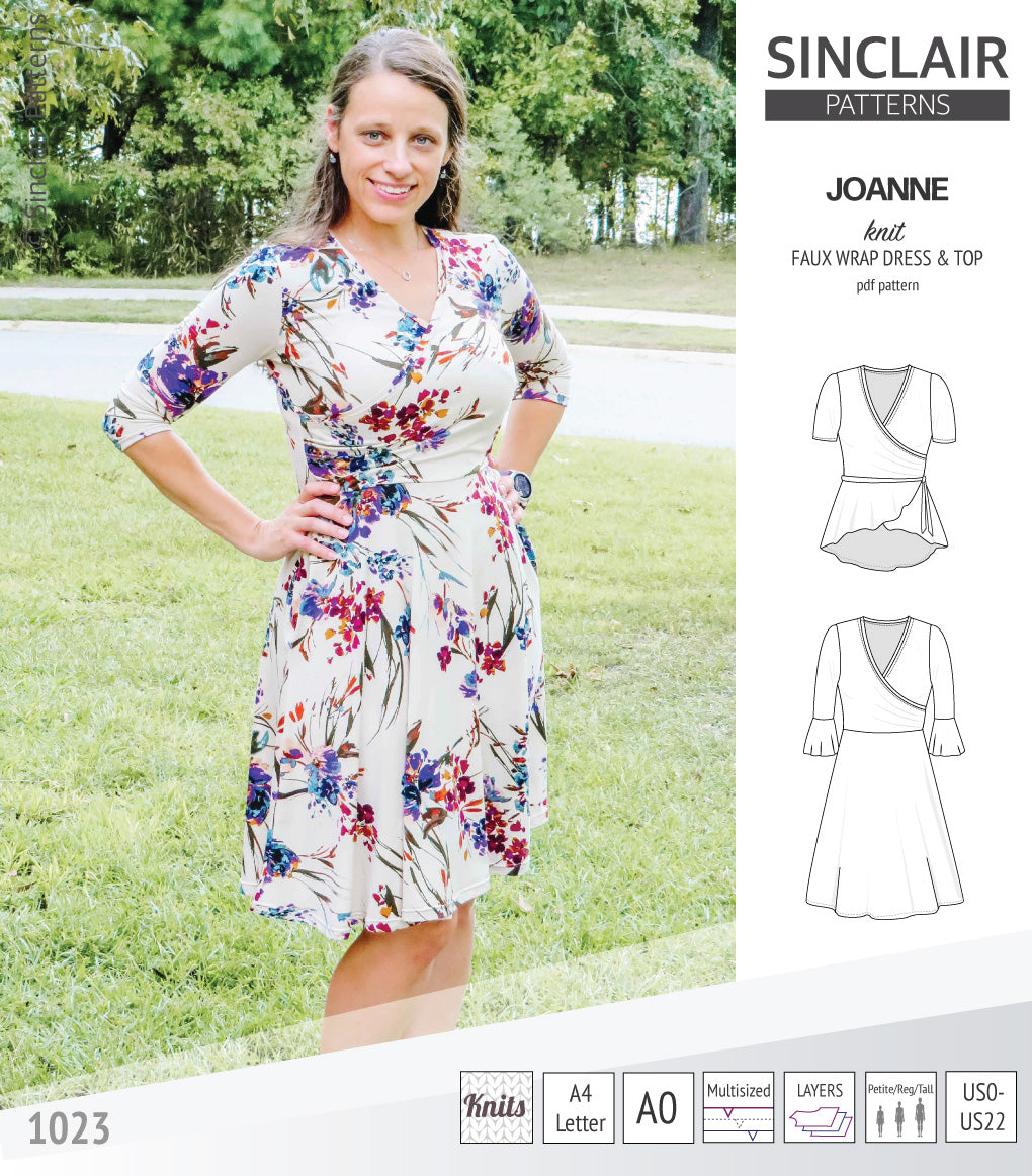 Joanne faux wrap knit dress with flared skirt (PDF) Sinclair Patterns Joanne faux wrap knit dress with flared skirt (PDF) Sinclair Patterns