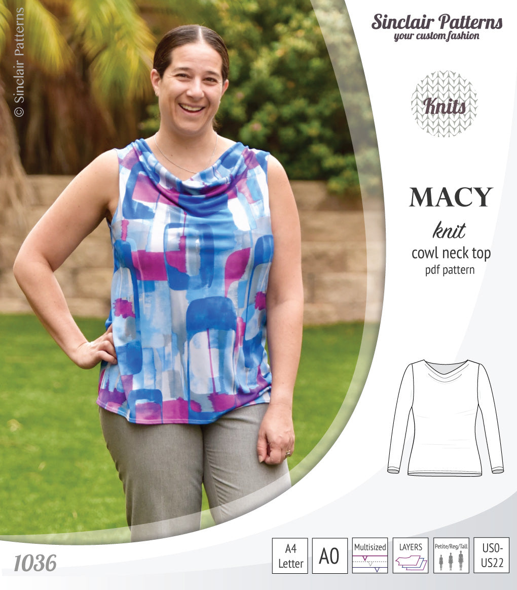 Pdf sewing pattern Macy cowl neck top by Sinclair Patterns