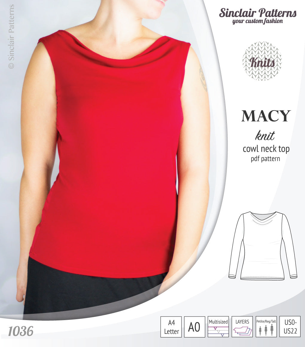 Pdf sewing pattern Macy cowl neck top by Sinclair Patterns