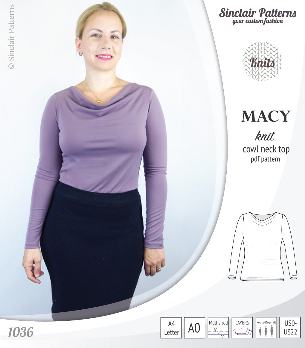 Pdf sewing pattern Macy cowl neck top by Sinclair Patterns