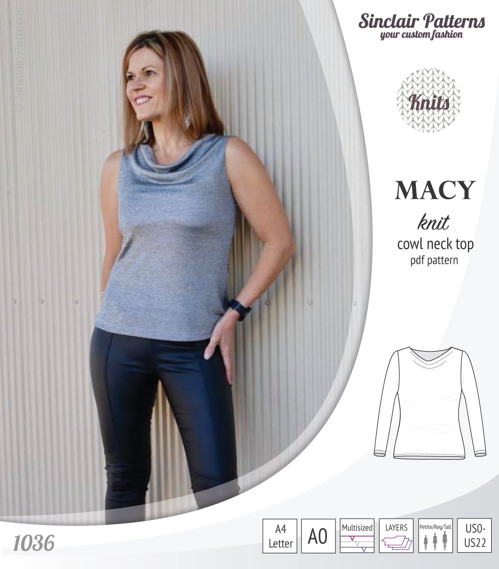 Pdf sewing pattern Macy cowl neck top by Sinclair Patterns