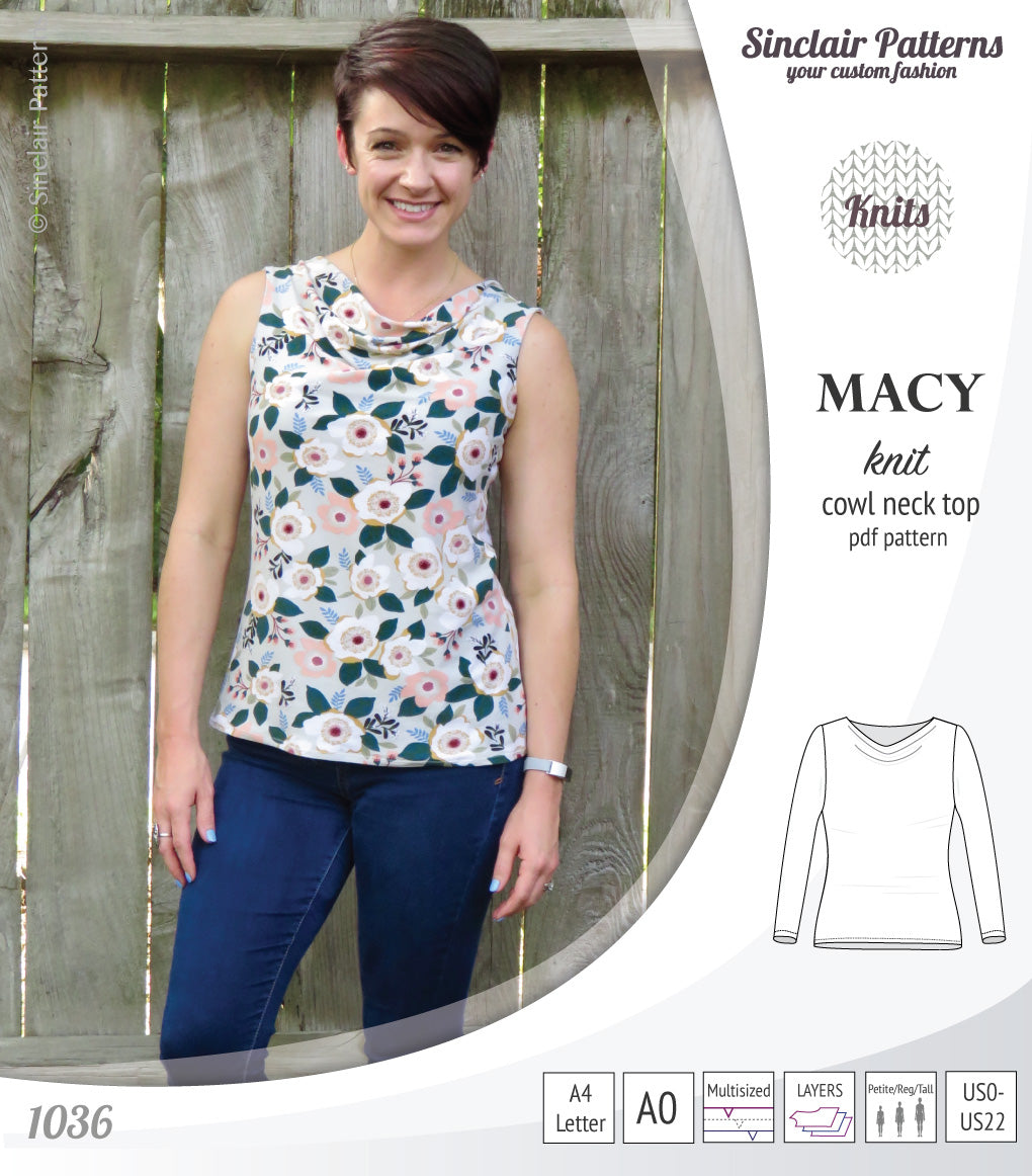 Pdf sewing pattern Macy cowl neck top by Sinclair Patterns