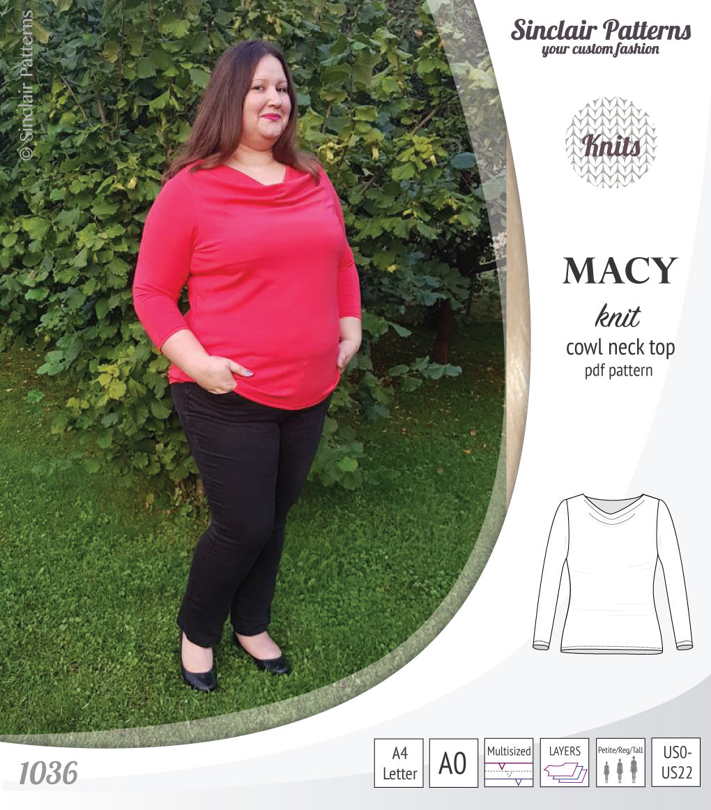 Pdf sewing pattern Macy cowl neck top by Sinclair Patterns