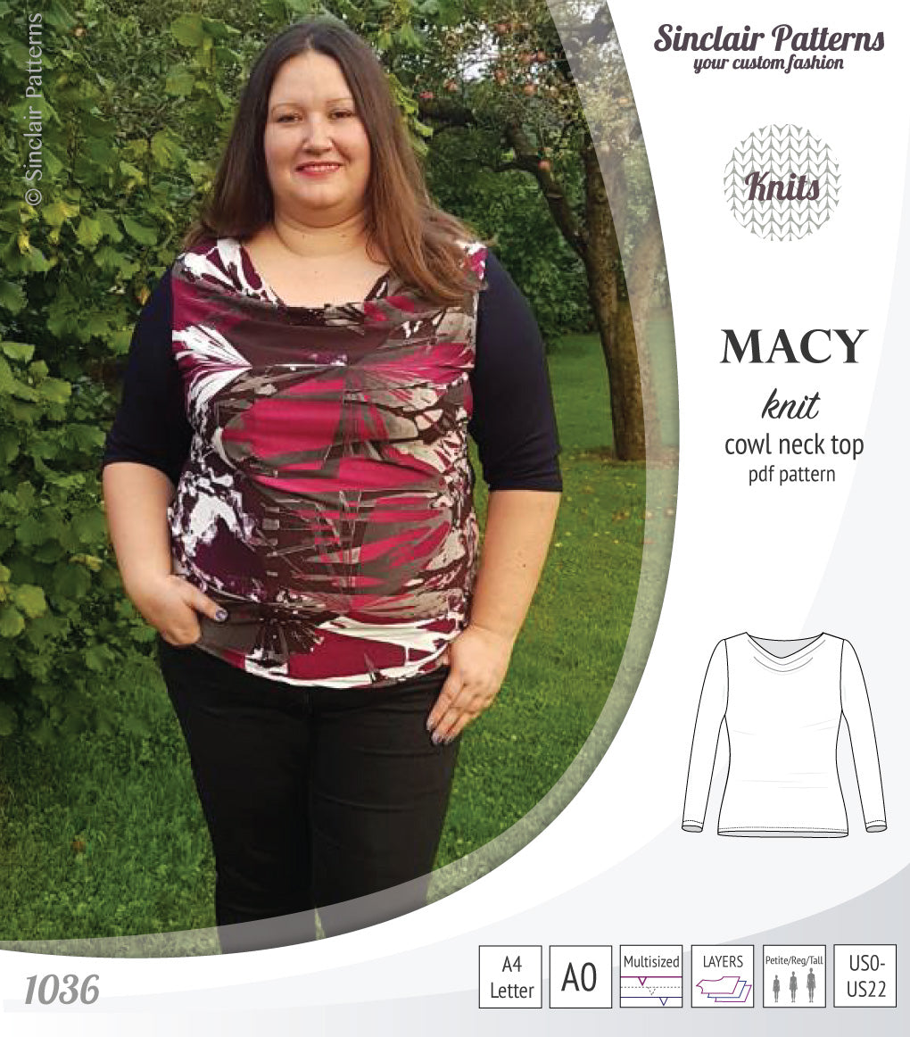 Pdf sewing pattern Macy cowl neck top by Sinclair Patterns