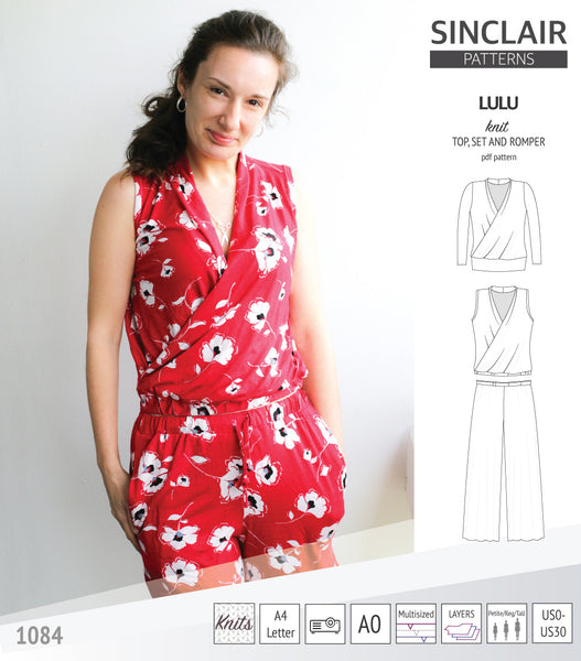 Lulu faux wrap knit top, set and romper (PDF), Sinclair Patterns