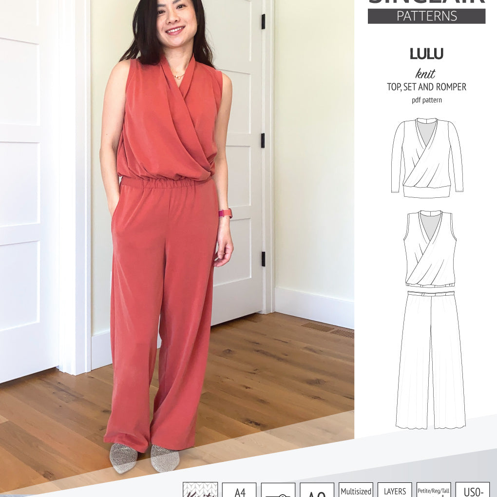 Sinclair Patterns Lulu faux wrap top, set and romper pdf sewing patterns for women