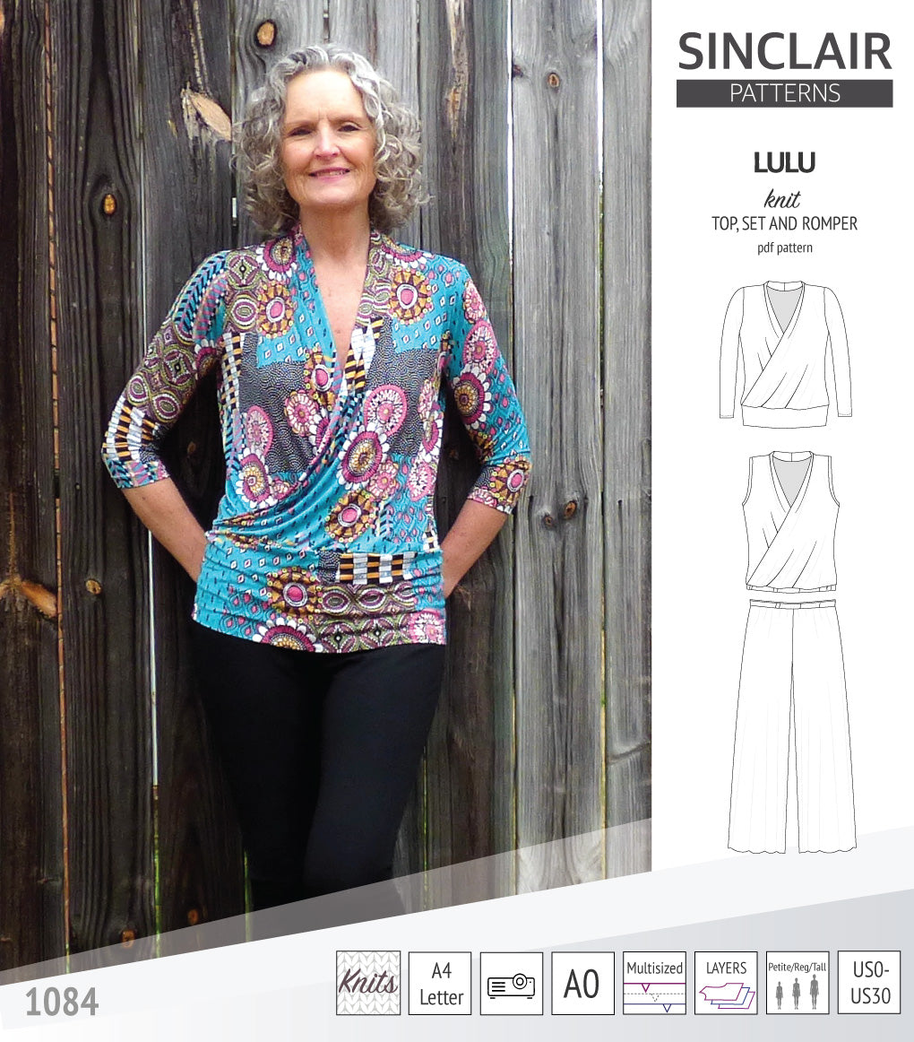 Sinclair Patterns Lulu faux wrap top, set and romper pdf sewing patterns for women