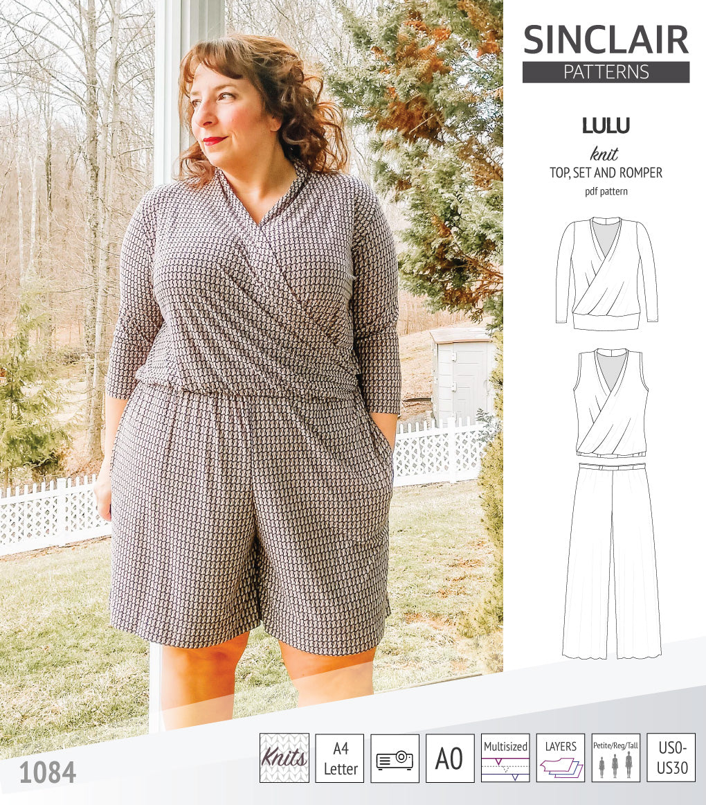 Sinclair Patterns Lulu faux wrap top, set and romper pdf sewing patterns for women