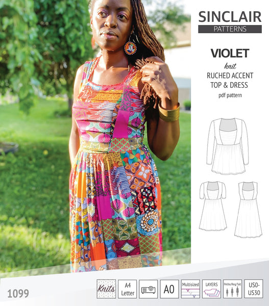Violet ruched accent top, tunic and dress for knit fabrics pdf sewing  pattern - Sinclair Patterns